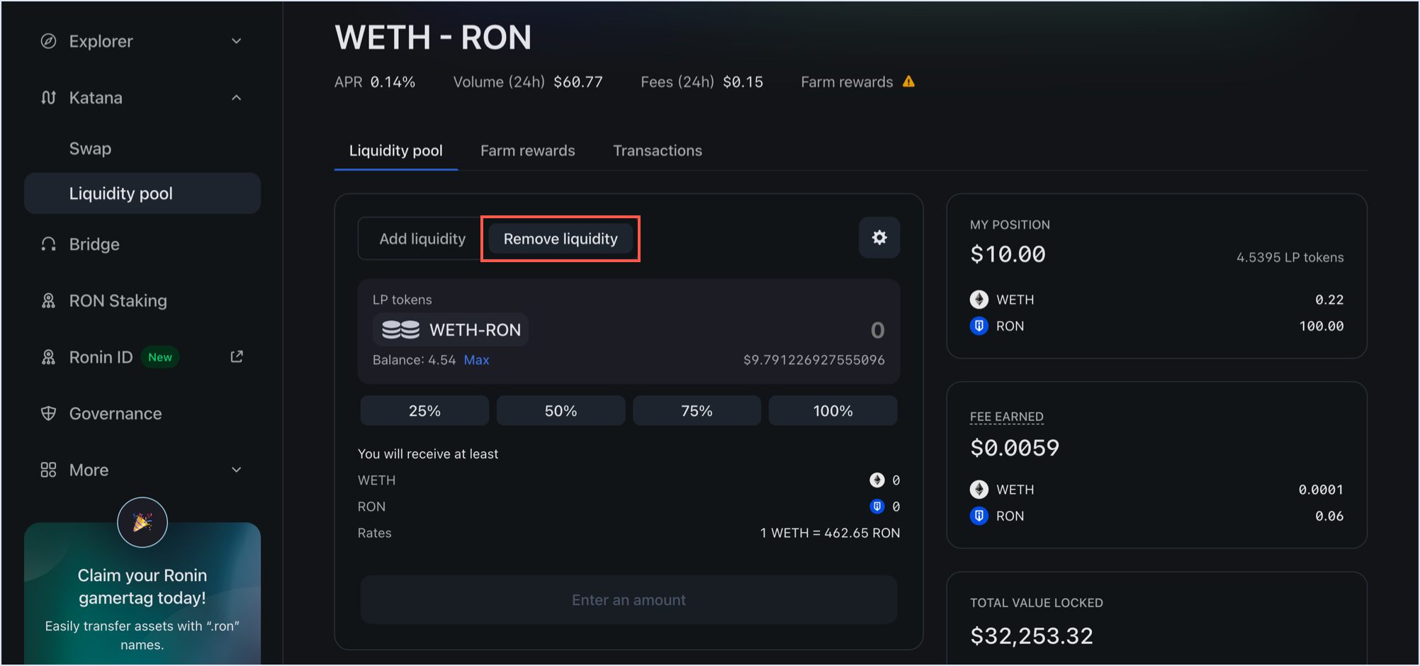 Remove liquidity panel